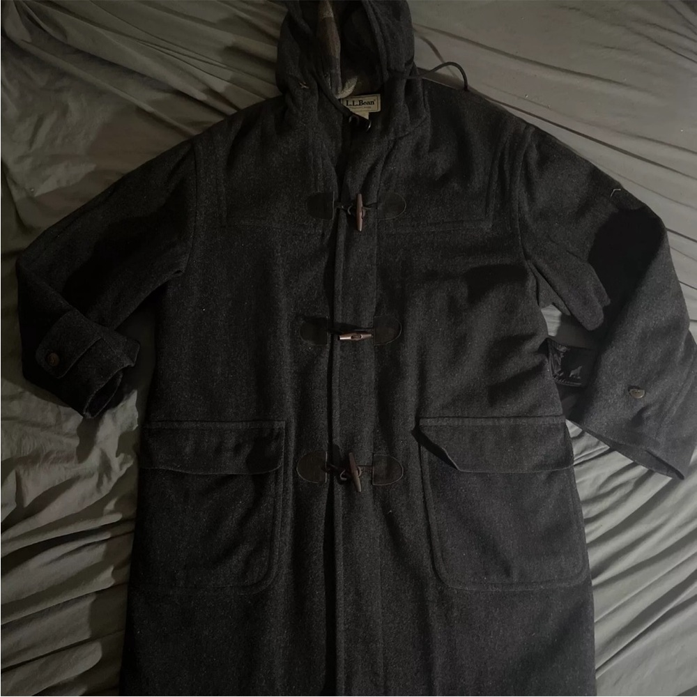 Mens Vtg LL Bean Gray Plaid Lined Duffle Toggle Coat USA Size Large The Holdover